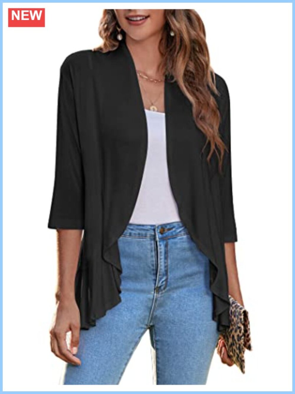 Lightweight Open Front Cardigan 3/4 Sleeve Ruffled Draped Ruffles